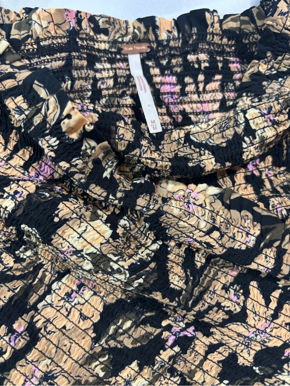 Free People Black Smocked Crop Top with Gold and Pink Floral Details - Picture 9 of 9